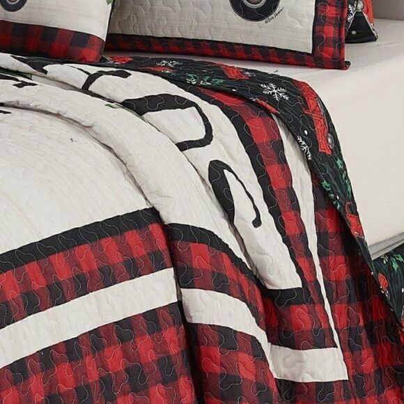 NEW! Farmhouse Old Red Truck Buffalo Plaid Quilt Set Country Christmas Tree Farm - Picture 4 of 5